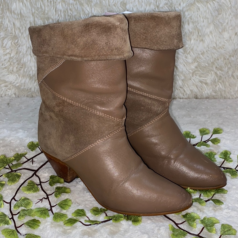 Vintage-Tan Leather & Suede Cuffed Boots